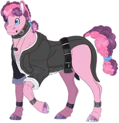 Size: 790x818 | Tagged: safe, artist:bijutsuyoukai, derpibooru import, oc, earth pony, pony, belt, clothes, collar, jacket, jewelry, leather jacket, magical lesbian spawn, male, necklace, offspring, parent:inky rose, parent:pinkie pie, parents:inkypie, simple background, solo, stallion, transparent background