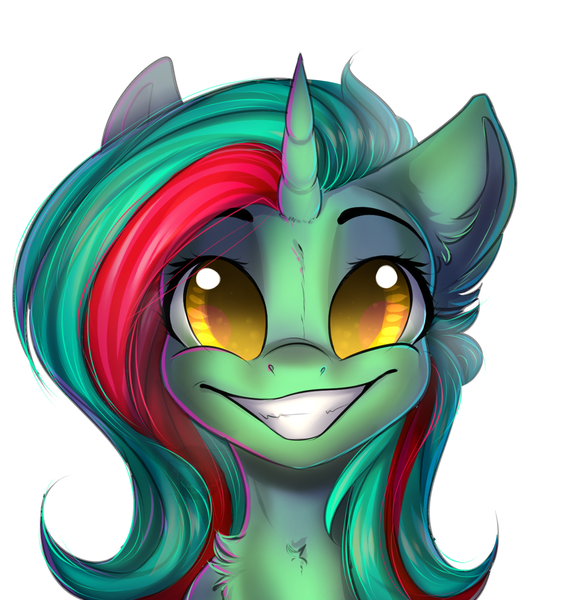 Size: 1024x1077 | Tagged: dead source, safe, artist:freckleplant, derpibooru import, oc, oc:figure eight, unofficial characters only, pony, unicorn, bust, female, grin, mare, portrait, simple background, smiling, solo, white background