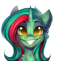 Size: 1024x1077 | Tagged: dead source, safe, artist:freckleplant, derpibooru import, oc, oc:figure eight, unofficial characters only, pony, unicorn, bust, female, grin, mare, portrait, simple background, smiling, solo, white background