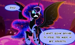 Size: 1594x959 | Tagged: safe, artist:light262, artist:lummh, derpibooru import, edit, nightmare moon, alicorn, pony, comic:timey wimey, angry, armor, cropped, ethereal mane, female, mare, missing accessory, solo, speech bubble, spread wings, starry mane, wings