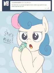 Size: 720x970 | Tagged: safe, artist:tiny-little-lyra, derpibooru import, bon bon, lyra heartstrings, sweetie drops, earth pony, pony, unicorn, ask, dialogue, eyes closed, female, lesbian, looking at you, lyrabon, mare, micro, open mouth, shipping, size difference, smiling, tumblr