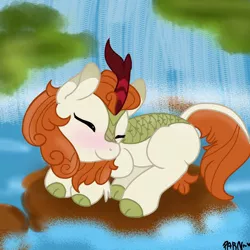 Size: 768x768 | Tagged: artist:parn, autumn blaze, awwtumn blaze, cloven hooves, cute, derpibooru import, digital art, female, kirin, rock, safe, sleeping, sounds of silence, waterfall