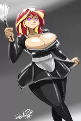 Size: 2095x3137 | Tagged: artist:shonuff44, big breasts, breasts, busty sunset shimmer, clothes, colorist:vanchees, derpibooru import, duster, female, french maid, human, humanized, hypnosis, hypnotized, latex, maid, solo, solo female, suggestive, sunset shimmer, swirly eyes