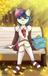 Size: 1200x1920 | Tagged: :3, anthro, artist:shadowreindeer, bag, bench, bon bon, clothes, crossed legs, derpibooru import, eye clipping through hair, leaves, long socks, plantigrade anthro, safe, sandals, school uniform, sitting, smiling, socks, solo, sun ray, sweetie drops