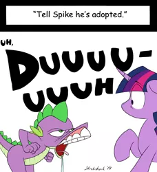 Size: 1240x1361 | Tagged: safe, artist:strebiskunk, derpibooru import, spike, twilight sparkle, dragon, pony, ask horn warmer twilight, adoption, adoption joke, comic, dialogue, drawn together, drool, duh, duo, faic, female, male, mare, signature, simple background, spit, spitting, spittle, teeth, text, tumblr comic, white background