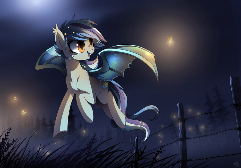 Size: 1250x871 | Tagged: safe, artist:ruhje, derpibooru import, oc, oc:star struck, unofficial characters only, bat pony, firefly (insect), pony, bat pony oc, bat wings, cute, cute little fangs, ear fluff, fangs, female, fence, flying, grass, mare, mist, night, open mouth, signature, smiling, solo, spread wings, starry wings, tree, underhoof, wings