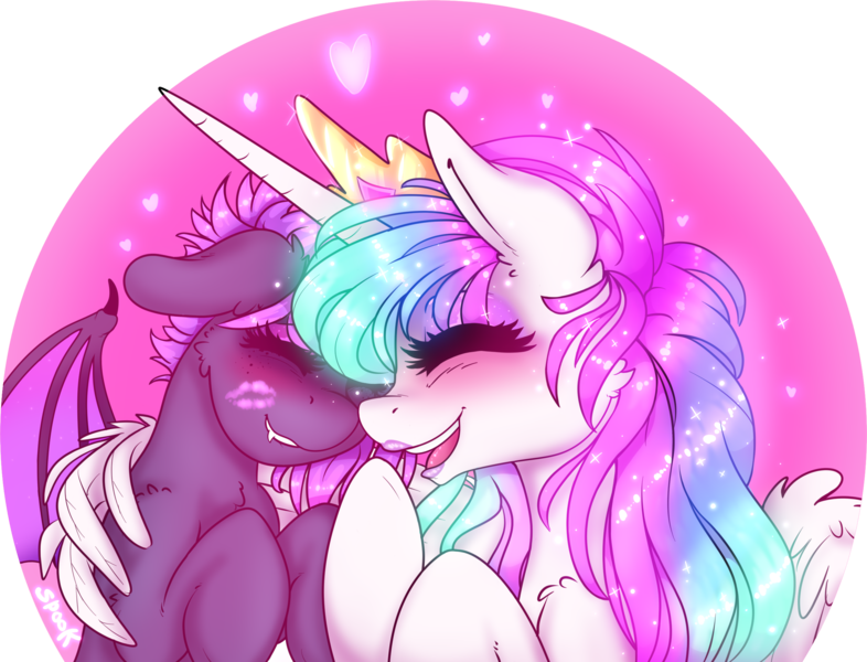 Size: 2503x1910 | Tagged: safe, artist:aaa-its-spook, derpibooru import, princess celestia, oc, oc:spook, alicorn, demon pony, blushing, canon x oc, crown, eyeshadow, fangs, female, giggling, glowing mane, horn, hug, jewelry, lesbian, lipstick, makeup, regalia, shipping, simple background, size difference, smiling, transparent background, winghug, wings