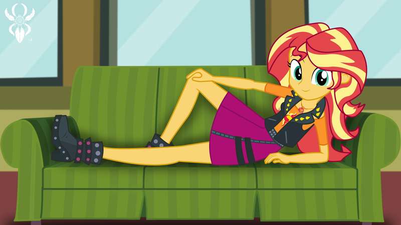 Size: 6830x3840 | Tagged: safe, artist:legendaryspider, derpibooru import, sunset shimmer, equestria girls, equestria girls series, text support, boots, clothes, couch, cutie mark, draw me like one of your french girls, female, geode of empathy, high heel boots, jacket, leather, leather jacket, legs, looking at you, magical geodes, reclining, relaxed, relaxing, shoes, show accurate, skirt, smiling, solo, text support: sunset shimmer, watermark
