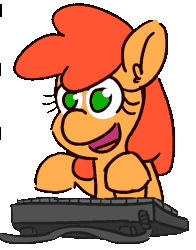 Size: 550x700 | Tagged: safe, artist:threetwotwo32232, derpibooru import, oc, oc:wafflecakes, unofficial characters only, earth pony, pony, animated, computer, happy, keyboard, qt, smiling