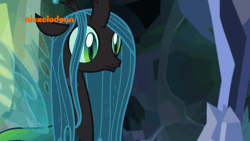 Size: 800x450 | Tagged: safe, derpibooru import, screencap, ocellus, queen chrysalis, changedling, changeling, changeling queen, pony, season 8, what lies beneath, adorkable, animated, cute, cutealis, diaocelles, disguise, disguised changeling, dork, dorkalis, excited, fangs, female, gif, grin, happy, implied chrysalis, loop, mare, nickelodeon, nightmare cave, open mouth, perfect loop, silly, smiling, solo, spread wings, waving, when she smiles, wings