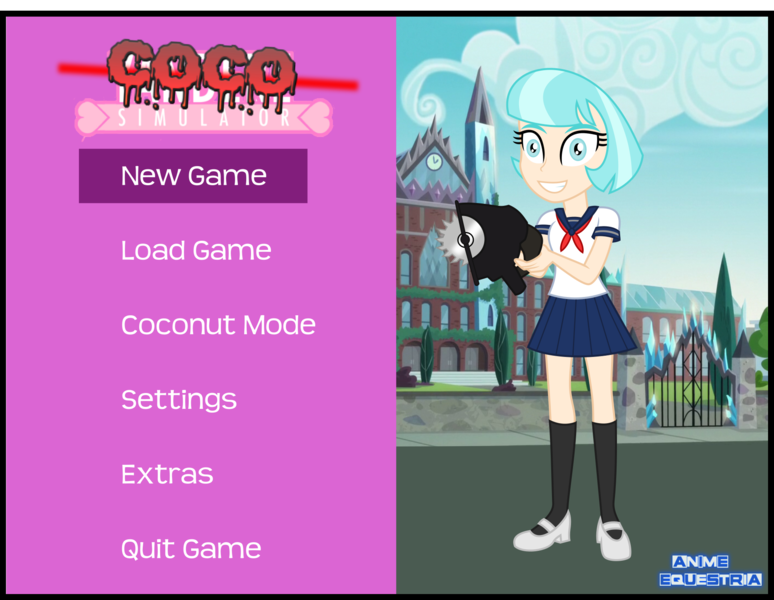 Size: 1952x1513 | Tagged: safe, artist:anime-equestria, derpibooru import, coco pommel, equestria girls, buzzsaw, clothes, coco yandere, crystal prep academy, female, game, mary janes, menu, menu screen, miniskirt, pleated skirt, sailor uniform, school uniform, schoolgirl, shoes, skirt, smiling, socks, solo, video game, yandere, yandere simulator, yandere-chan