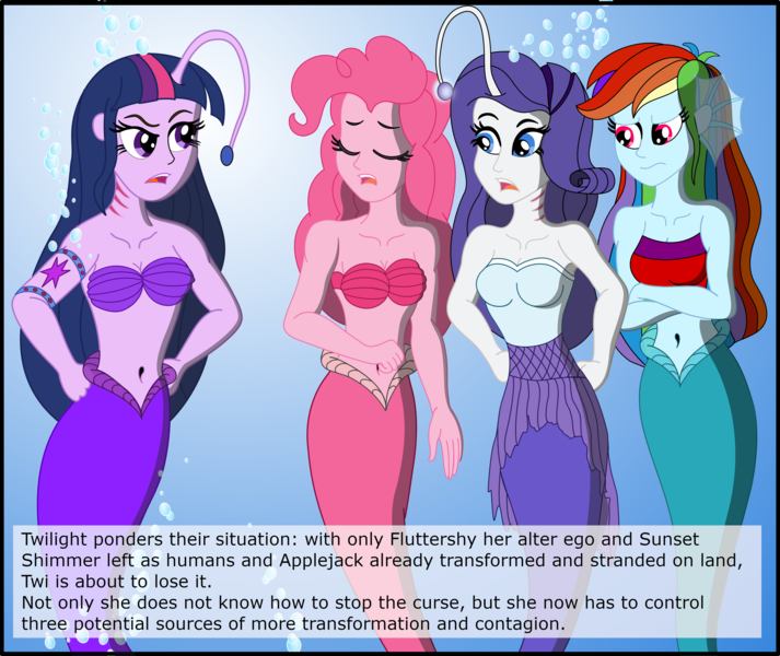 Size: 3617x3043 | Tagged: safe, artist:physicrodrigo, derpibooru import, edit, editor:rmzero, part of a set, pinkie pie, rainbow dash, rarity, twilight sparkle, angler fish, mermaid, series:equestria mermaids, equestria girls, angry, belly button, bubble, clothes, confused, curse, cursed, cutie mark, dialogue, dress, eyes closed, frown, gills, implied applejack, implied fluttershy, implied sci-twi, implied sunset shimmer, mermaidized, midriff, ocean, open mouth, part of a series, shell, shell bra, species swap