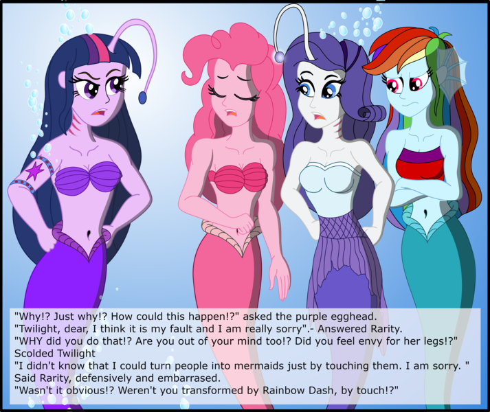 Size: 3617x3043 | Tagged: safe, artist:physicrodrigo, derpibooru import, edit, editor:rmzero, part of a set, pinkie pie, rainbow dash, rarity, twilight sparkle, angler fish, mermaid, series:equestria mermaids, equestria girls, angry, belly button, bubble, clothes, confused, curse, cursed, cutie mark, dialogue, dress, eyes closed, frown, gills, implied applejack, mermaidized, midriff, ocean, open mouth, part of a series, shell, shell bra, species swap