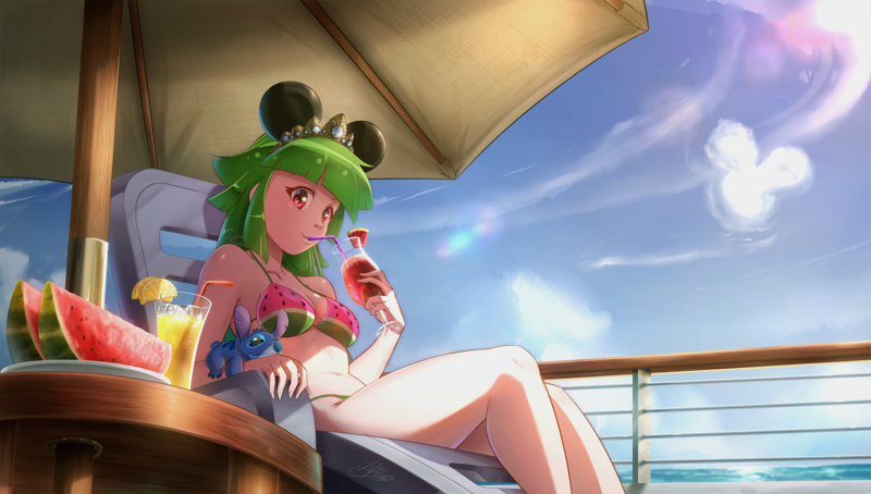 Size: 2500x1420 | Tagged: artist:light262, bikini, breasts, clothes, commission, cruise ship, derpibooru import, disney, disney cruise, drinking, female, food, glass, happy birthday, human, humanized, juice, lilo and stitch, minnie mouse, mouse ears, oc, oc:vanna melon, signature, sitting, solo, solo female, stitch, suggestive, swimsuit, watermelon, youtuber