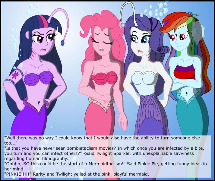 Size: 3617x3043 | Tagged: safe, artist:physicrodrigo, derpibooru import, edit, editor:rmzero, part of a set, pinkie pie, rainbow dash, rarity, twilight sparkle, angler fish, mermaid, series:equestria mermaids, equestria girls, angry, belly button, bubble, clothes, confused, curse, cursed, cutie mark, dialogue, dress, eyes closed, frown, gills, mermaidized, midriff, ocean, open mouth, part of a series, shell, shell bra, species swap