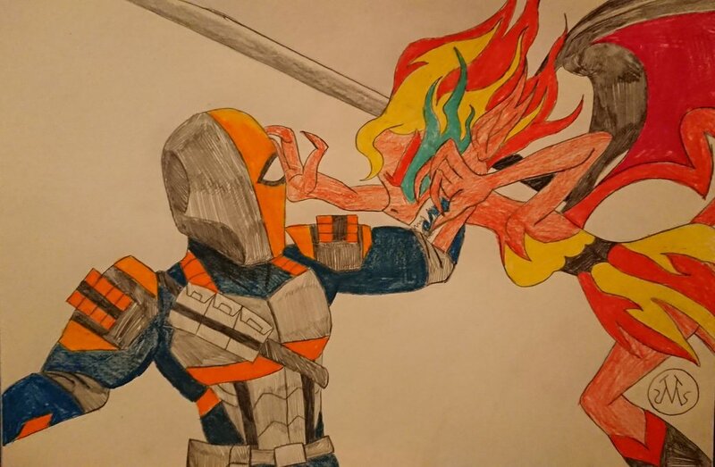 Size: 1024x669 | Tagged: safe, artist:malevolentsamson, derpibooru import, sunset shimmer, equestria girls, crossover, crossover battle, deathstroke, deathstroke the terminator, slade, slade wilson, sunset satan, teen titans, traditional art