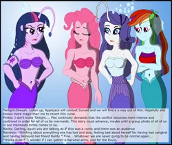 Size: 3617x3043 | Tagged: safe, artist:physicrodrigo, derpibooru import, edit, editor:rmzero, part of a set, pinkie pie, rainbow dash, rarity, twilight sparkle, angler fish, mermaid, series:equestria mermaids, equestria girls, angry, belly button, bubble, clothes, confused, curse, cursed, cutie mark, dialogue, dress, eyes closed, frown, gills, implied applejack, implied sunset shimmer, mermaidized, midriff, ocean, open mouth, part of a series, shell, shell bra, species swap