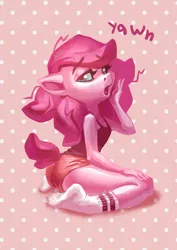 Size: 1280x1810 | Tagged: anthro, artist:holivi, clothes, derpibooru import, kneeling, morning ponies, not pinkie pie, oc, oc:holivi, open mouth, plantigrade anthro, safe, shorts, socks, tanktop, unofficial characters only, yawn