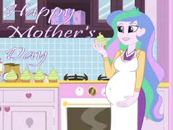 Size: 1280x960 | Tagged: safe, artist:myfavoritepreggopics, derpibooru import, princess celestia, equestria girls, apron, belly, big belly, clothes, cupcake, food, frosting, momlestia, mother's day, outie belly button, oven, preglestia, pregnant, pregnant equestria girls, principal celestia, smiling