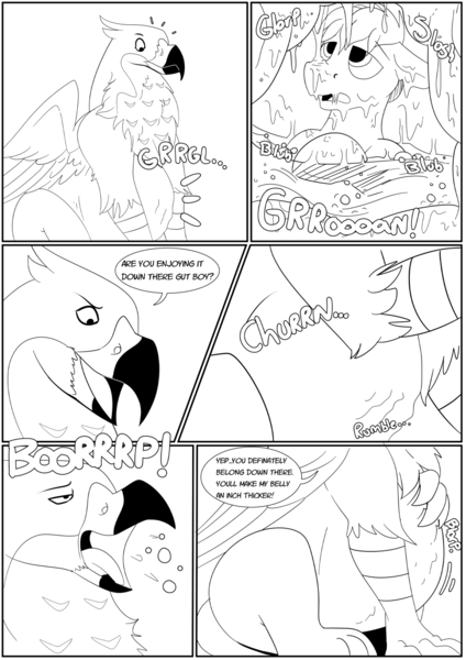 Size: 911x1290 | Tagged: grimdark, questionable, artist:swiftsketchpone, derpibooru import, oc, oc:lnyx, oc:swift sketch, earth pony, gryphon, pony, burp, comic, death, digestion, fetish, food chain, griffons doing griffon things, internal, male, monochrome, mythologically accurate, predator, prey, stomach noise, vore