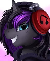 Size: 1446x1764 | Tagged: safe, artist:pridark, derpibooru import, oc, oc:purple flame, unofficial characters only, pony, unicorn, bust, clothes, commission, headphones, hoodie, male, portrait, solo