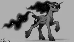 Size: 1200x675 | Tagged: safe, artist:amarynceus, deleted from derpibooru, derpibooru import, princess luna, alicorn, pony, cloven hooves, ear fluff, ethereal mane, female, freckles, galaxy mane, gray background, grayscale, leonine tail, mare, monochrome, raised hoof, raised leg, realistic horse legs, simple background, solo, starry mane, unshorn fetlocks