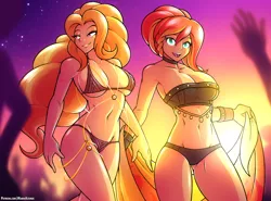 Size: 2025x1500 | Tagged: suggestive, artist:marik azemus34, derpibooru import, adagio dazzle, sunset shimmer, equestria girls, beach, beach babe, beautiful, beautisexy, belly button, bikini, bikini babe, black swimsuit, bracelet, breasts, busty adagio dazzle, busty sunset shimmer, choker, clothes, crowd, duo, duo female, female, hips, jeweled swimsuit, jewelry, legs, necklace, open mouth, sarong, sexy, strapless, stupid sexy adagio dazzle, stupid sexy sunset shimmer, summer sunset, sunset, swimsuit, thighs, underboob, walking