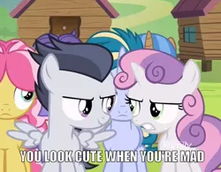 Size: 982x764 | Tagged: safe, derpibooru import, edit, edited screencap, screencap, kettle corn, rumble, skeedaddle, sweetie belle, pegasus, pony, unicorn, marks and recreation, colt, cropped, female, filly, foal, image macro, implied rumbelle, male, meme, rumbelle, shipping, straight