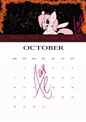 Size: 594x842 | Tagged: safe, artist:exxie, derpibooru import, oc, oc:setna, unofficial characters only, earth pony, pony, birthday art, calendar, fangs, female, halloween, heterochromia, holiday, mare, october, solo