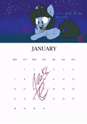 Size: 594x842 | Tagged: artist:exxie, birthday art, calendar, colored, derpibooru import, january, new year, oc, oc:abstract module, safe, simple background, talking to viewer, unofficial characters only