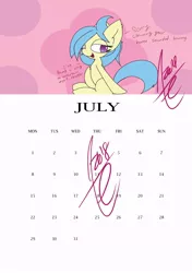 Size: 594x842 | Tagged: artist:exxie, birthday art, calendar, derpibooru import, july, looking at you, oc, oc:cold shine, simple background, suggestive, text