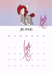 Size: 594x842 | Tagged: artist:exxie, birthday art, calendar, colored, derpibooru import, june, oc, oc:har blair, safe, simple background, thinking, thought bubble