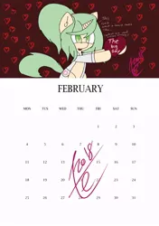 Size: 594x842 | Tagged: artist:exxie, birthday art, calendar, confused, derpibooru import, february, heart, oc, oc:tezla, safe, simple background, talking to herself, unofficial characters only