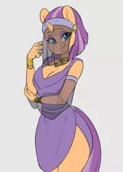 Size: 1400x1950 | Tagged: safe, artist:skecchiart, derpibooru import, oc, oc:oasis shade, unofficial characters only, anthro, unicorn, ankh, anthro oc, breasts, cleavage, clothes, dice, ear piercing, earring, egyptian, egyptian pony, female, gray background, headband, jewelry, mare, necklace, piercing, robe, side slit, simple background, solo, veil