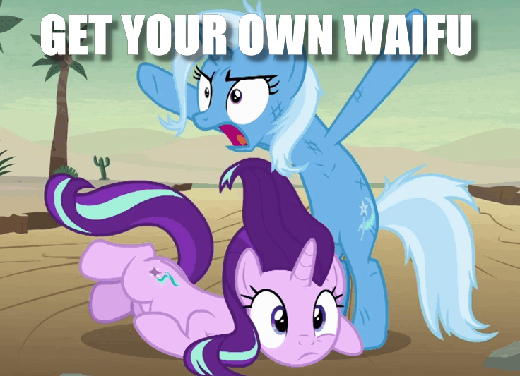 Size: 736x533 | Tagged: safe, derpibooru import, edit, edited screencap, screencap, starlight glimmer, trixie, pony, unicorn, road to friendship, bipedal, female, image macro, lesbian, mare, meme, messy mane, shipping, startrix, trixie yells at everything, waifu, yelling