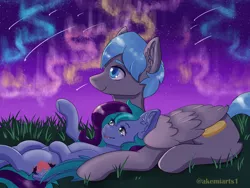 Size: 1024x768 | Tagged: safe, artist:akemiarts1, derpibooru import, oc, oc:layla lovebug, oc:stephen wintre, unofficial characters only, bat pony, pegasus, pony, bat pony oc, commission, couple, cuddling, romantic, stars, ych result