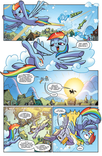 Size: 994x1528 | Tagged: safe, artist:pencils, derpibooru import, idw, derpy hooves, rainbow dash, pegasus, pony, spoiler:comic, spoiler:comic70, cloud, cloud busting, collision, comic, crash, crossed legs, dialogue, envelope, featureless crotch, female, flying, frog (hoof), mailmare, mare, motion lines, official comic, on back, one eye closed, open mouth, pain star, ponyville, preview, silhouette, speech bubble, spread wings, sun, underhoof, wings