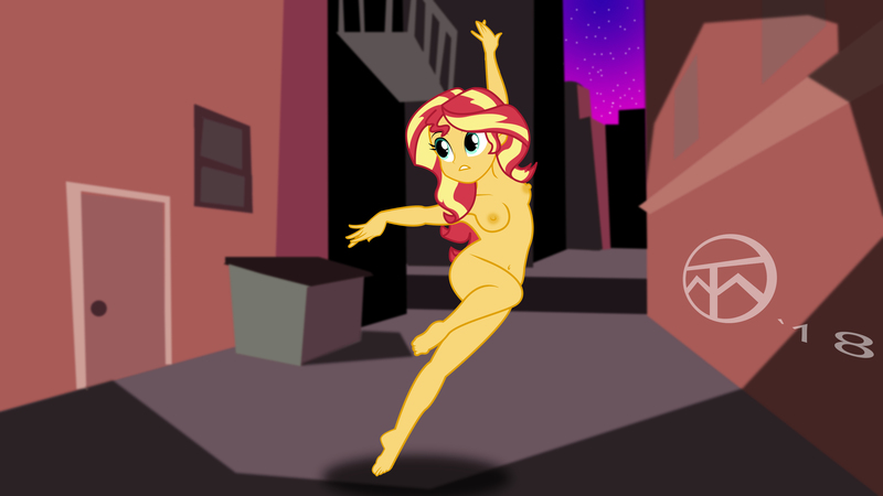 Size: 6830x3840 | Tagged: questionable, alternate version, artist:legendaryspider, derpibooru import, edit, sunset shimmer, equestria girls, alley, alleyway, armpits, breasts, building, city, cityscape, exhibitionism, female, nipples, nude edit, nudity, practitioner of naturism, public nudity, solo, stars