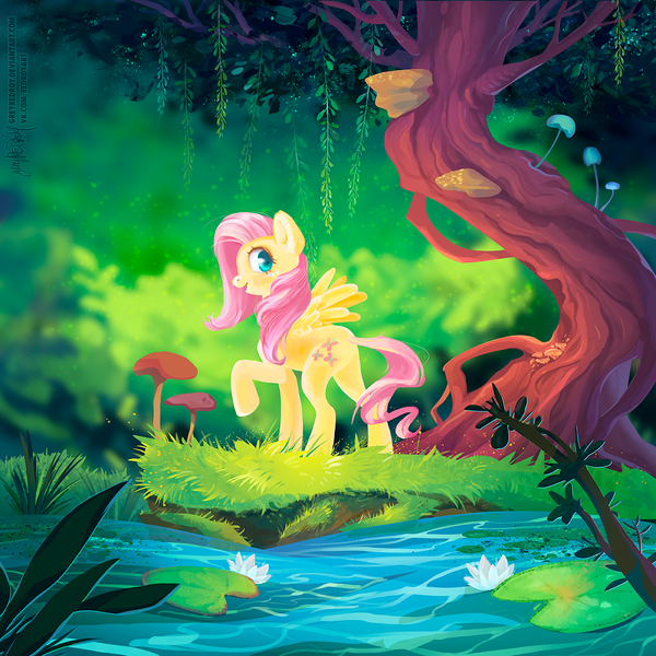 Size: 1200x1200 | Tagged: safe, artist:greyredroy, derpibooru import, fluttershy, pegasus, pony, digital art, female, forest, grass, happy, lilypad, looking sideways, mare, mushroom, one hoof raised, open mouth, smiling, solo, tree, water