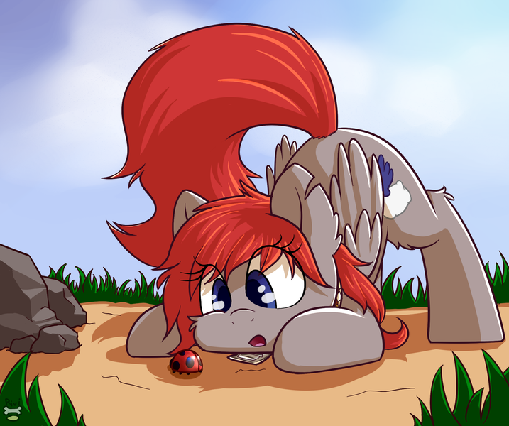 Size: 2131x1783 | Tagged: safe, artist:rivibaes, derpibooru import, oc, oc:jetlag, unofficial characters only, insect, ladybug, pegasus, pony, commission, digital art, eye clipping through hair, face down ass up, female, looking down, mare, red hair, red mane, red tail, signature, solo, ych result