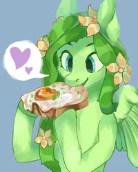 Size: 2400x3000 | Tagged: safe, artist:liarbunny, derpibooru import, oc, oc:heady weed, unofficial characters only, pegasus, pony, black background, bust, commission, digital art, eating, female, flower, flower in hair, food, green hair, green mane, green tail, heart, high res, mare, sandwich, simple background, solo, ych result