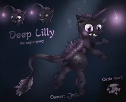Size: 1669x1360 | Tagged: air bubble, angler fish, angler seapony, artist:jesterpi, bow, cute, derpibooru import, electricity, fins, glitter, glow, merpony, oc, oc:deep lilly, ocean, reference sheet, scary, scary face, semi-grimdark, sharp teeth, shy, surprised, swimming, tail, teeth, under the sea, unofficial characters only