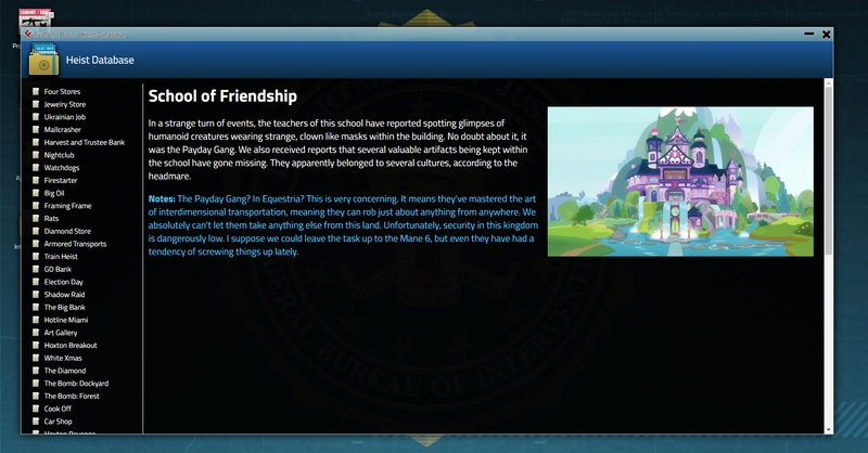 Size: 1642x857 | Tagged: crossover, derpibooru import, fbi, inspect element, payday, payday 2, safe, school of friendship