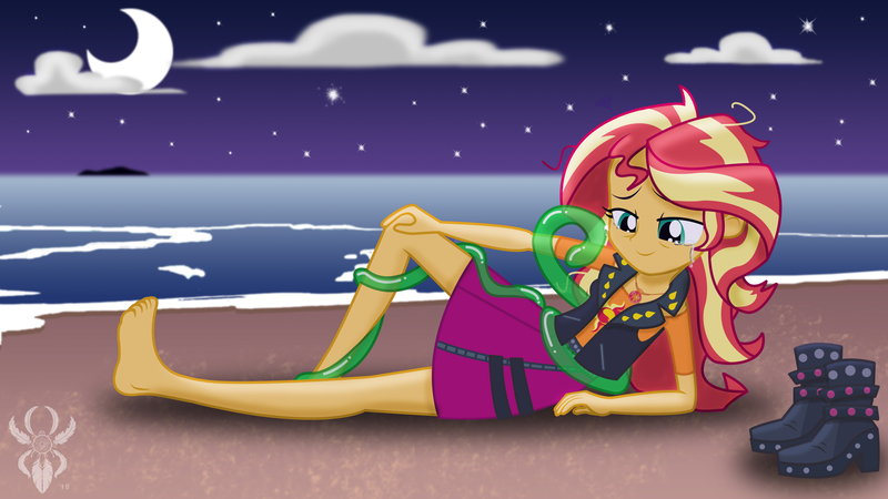 Size: 6830x3840 | Tagged: safe, alternate version, artist:legendaryspider, derpibooru import, smooze, sunset shimmer, equestria girls, bags under eyes, barefoot, beach, bittersweet, boots, clothes, cloud, crying, feet, female, goodbye, high heel boots, jacket, leather, leather jacket, legs, messy hair, moon, night, sad, shoes, skirt, stars, tentacles