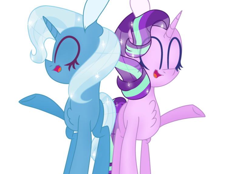 Size: 1024x731 | Tagged: safe, artist:shootingstarthepony, derpibooru import, starlight glimmer, trixie, female, lesbian, shipping, simple background, startrix, transparent background