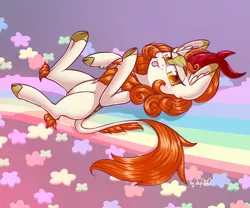 Size: 2400x2000 | Tagged: safe, artist:dsp2003, derpibooru import, autumn blaze, kirin, sounds of silence, :p, awwtumn blaze, belly button, blushing, cloven hooves, cute, dsp2003 is trying to murder us, female, flower, hnnng, looking at you, lying on a rainbow, mare, rainbow, signature, silly, tongue out