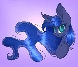 Size: 3000x2574 | Tagged: safe, artist:donnie-moon, derpibooru import, princess luna, pony, big ears, bust, colored pupils, curved horn, female, gradient background, huge ears, looking at you, mare, redraw, smiling, solo, windswept mane