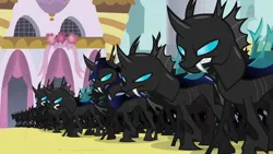 Size: 1280x720 | Tagged: a canterlot wedding, angry, armor, army, canterlot, changeling, changeling armor, changeling officer, changeling swarm, derpibooru import, fangs, safe, scowl, screencap