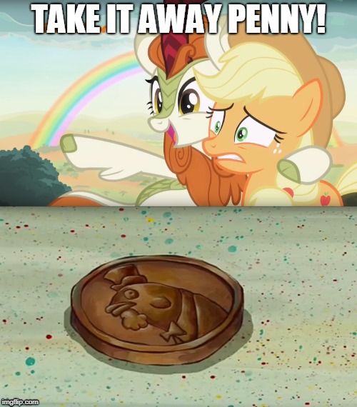 Size: 500x570 | Tagged: applejack, autumn blaze, cloven hooves, derpibooru import, edit, edited screencap, i had an accident, kirin, penny, safe, screencap, sounds of silence, spoiler:s08, spongebob squarepants