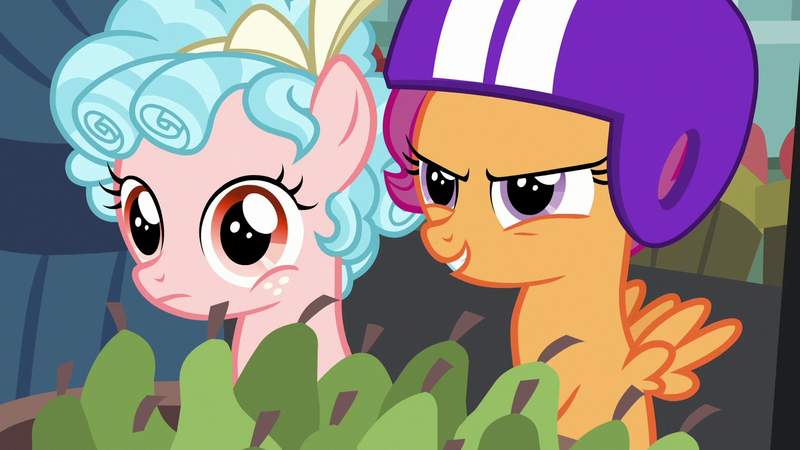 Size: 1280x720 | Tagged: safe, derpibooru import, screencap, cozy glow, scootaloo, pegasus, pony, marks for effort, bow, duo, female, filly, foal, food, fruit, hair bow, helmet, market, pear, ringlets